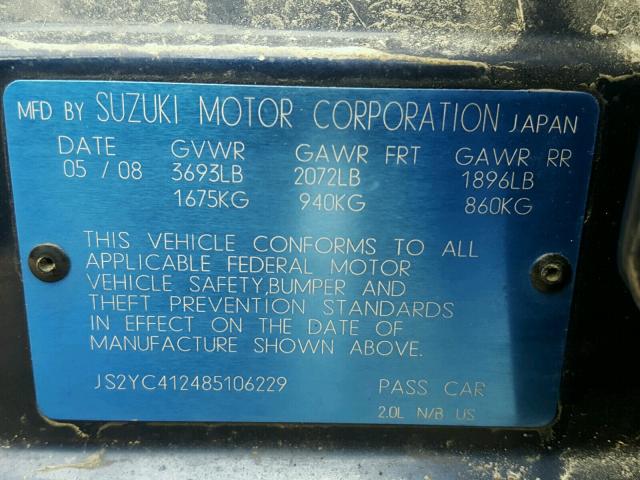 JS2YC412485106229 - 2008 SUZUKI SX4 BLUE photo 10