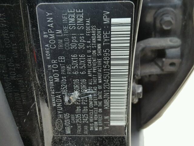 KM8JN12D45U154895 - 2005 HYUNDAI TUCSON GLS BLACK photo 10