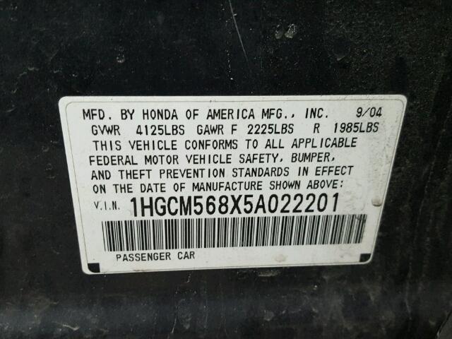 1HGCM568X5A022201 - 2005 HONDA ACCORD EX GRAY photo 10