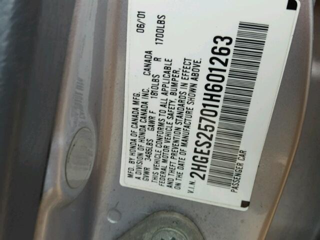 2HGES25701H601263 - 2001 HONDA CIVIC EX ვერცხლისფერი ფოტო 10