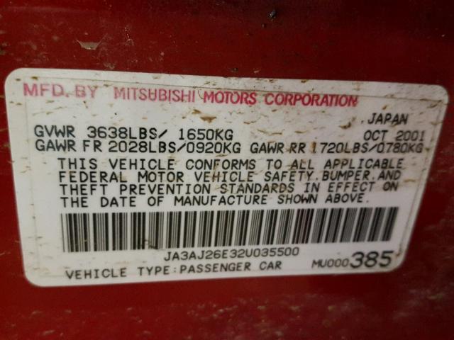 JA3AJ26E32U035500 - 2002 MITSUBISHI LANCER ES RED photo 10