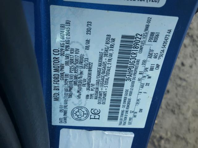 3FAHP0JG3CR189022 - 2012 FORD FUSION SEL BLUE photo 10