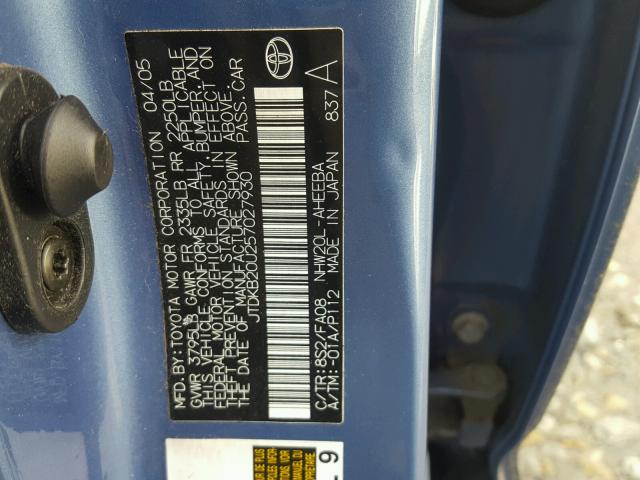 JTDKB20U257027930 - 2005 TOYOTA PRIUS BLUE photo 10