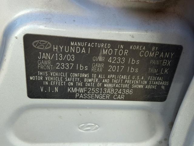 KMHWF25S13A824386 - 2003 HYUNDAI SONATA GL SILVER photo 10