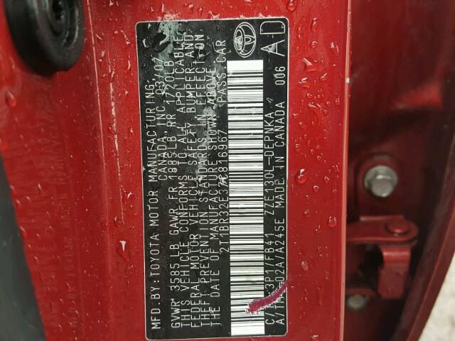 2T1BR32E37C816967 - 2007 TOYOTA COROLLA CE RED photo 10