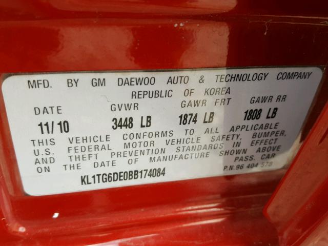 KL1TG6DE0BB174084 - 2011 CHEVROLET AVEO LT RED photo 10