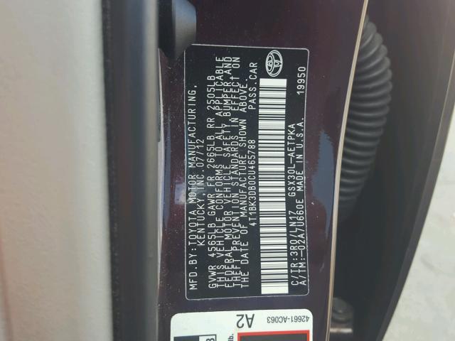 4T1BK3DB0CU465788 - 2012 TOYOTA AVALON BAS MAROON photo 10