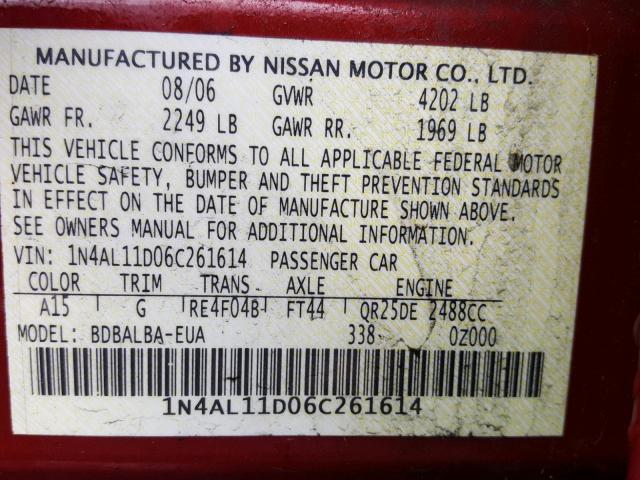 1N4AL11D06C261614 - 2006 NISSAN ALTIMA S RED photo 10