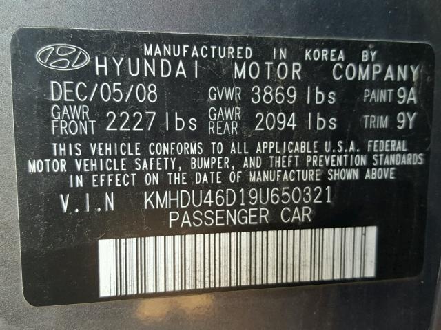 KMHDU46D19U650321 - 2009 HYUNDAI ELANTRA GL CHARCOAL photo 10