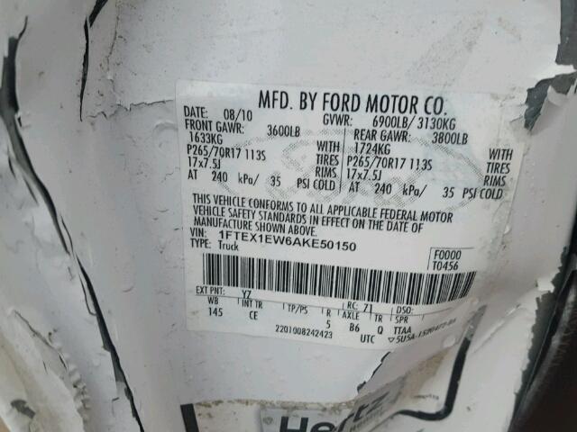 1FTEX1EW6AKE50150 - 2010 FORD F150 SUPER WHITE photo 10