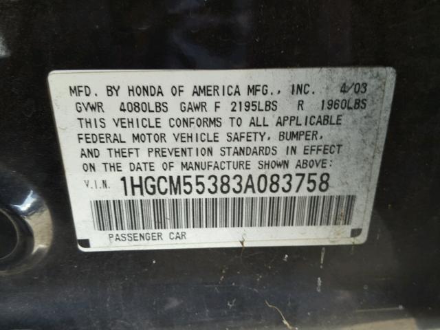 1HGCM55383A083758 - 2003 HONDA ACCORD LX BLACK photo 10