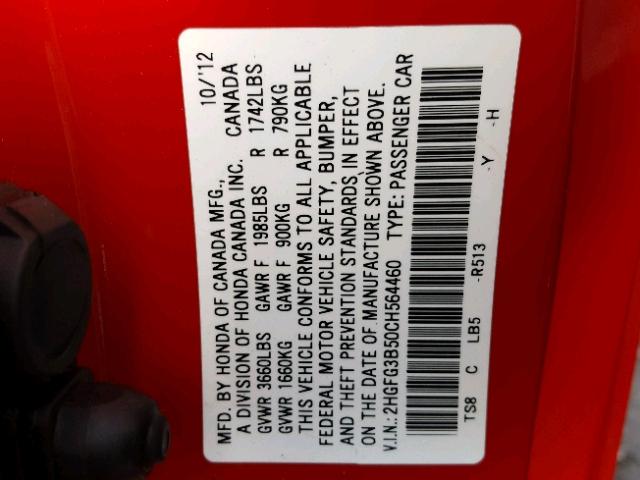 2HGFG3B50CH564460 - 2012 HONDA CIVIC LX RED photo 10