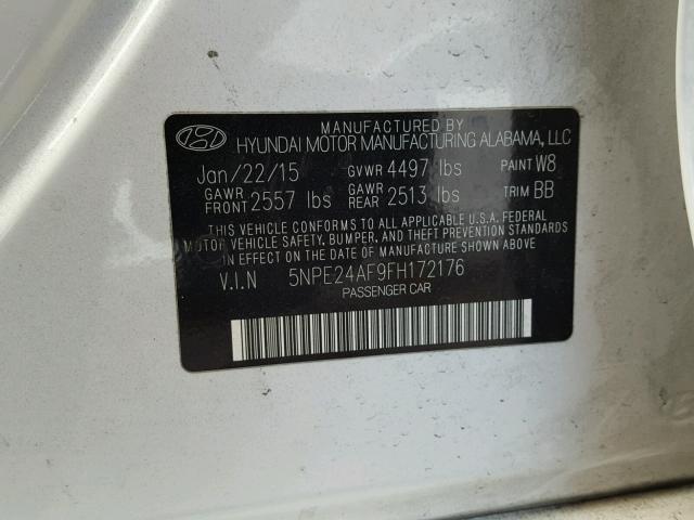 5NPE24AF9FH172176 - 2015 HYUNDAI SONATA SE WHITE photo 10