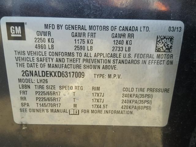 2GNALDEKXD6317009 - 2013 CHEVROLET EQUINOX LT BLACK photo 10