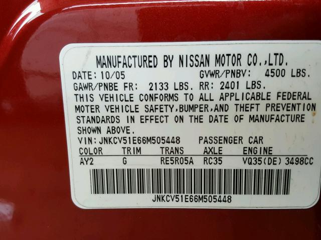 JNKCV51E66M505448 - 2006 INFINITI G35 RED photo 10