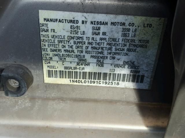 1N4DL01D91C192518 - 2001 NISSAN ALTIMA XE BEIGE photo 10