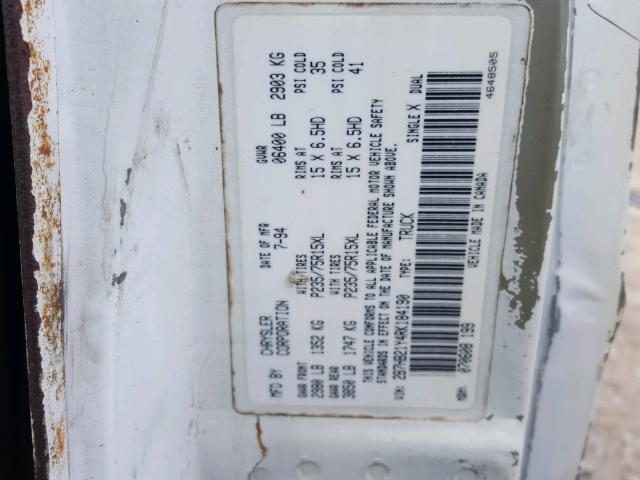 2B7HB21Y4RK184190 - 1994 DODGE RAM VAN B2 WHITE photo 10