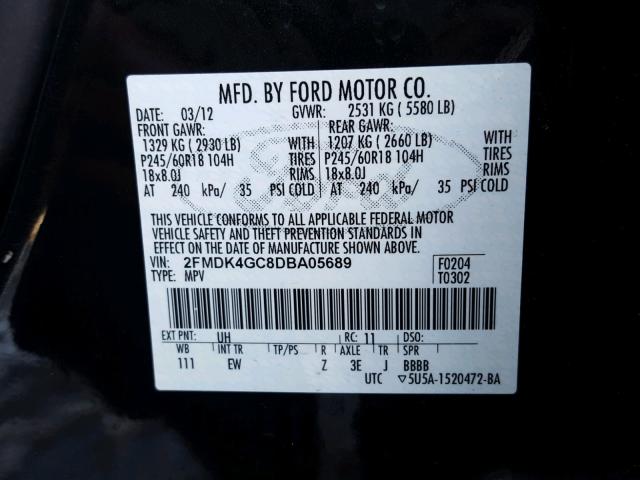 2FMDK4GC8DBA05689 - 2013 FORD EDGE SE BLACK photo 10