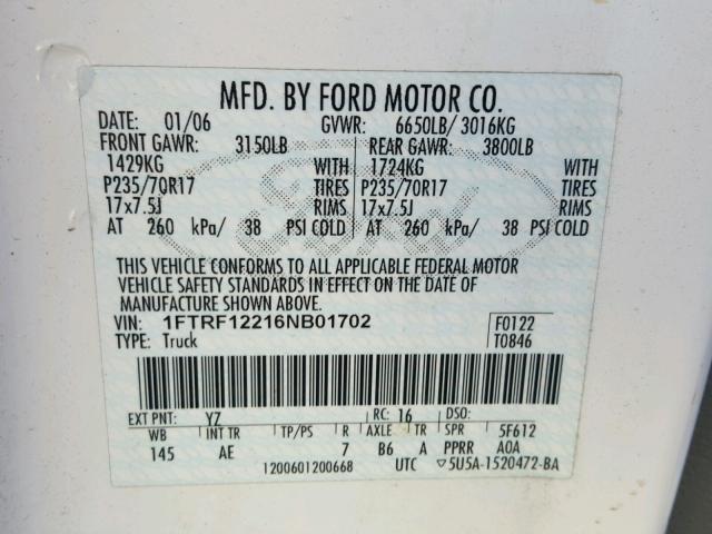 1FTRF12216NB01702 - 2006 FORD F150 WHITE photo 10