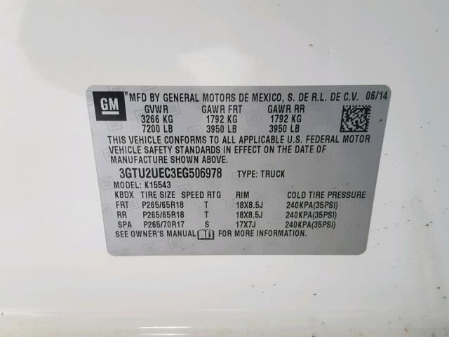 3GTU2UEC3EG506978 - 2014 GMC SIERRA K15 WHITE photo 10