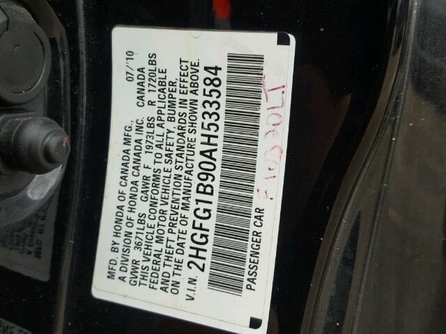 2HGFG1B90AH533584 - 2010 HONDA CIVIC EXL BLACK photo 10