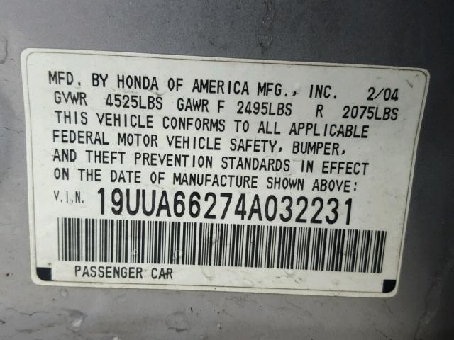 19UUA66274A032231 - 2004 ACURA TL SILVER photo 10