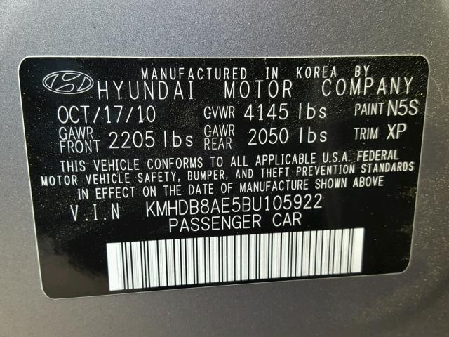 KMHDB8AE5BU105922 - 2011 HYUNDAI ELANTRA TO GRAY photo 10