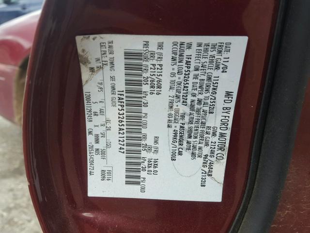 1FAFP53265A212747 - 2005 FORD TAURUS SE MAROON photo 10