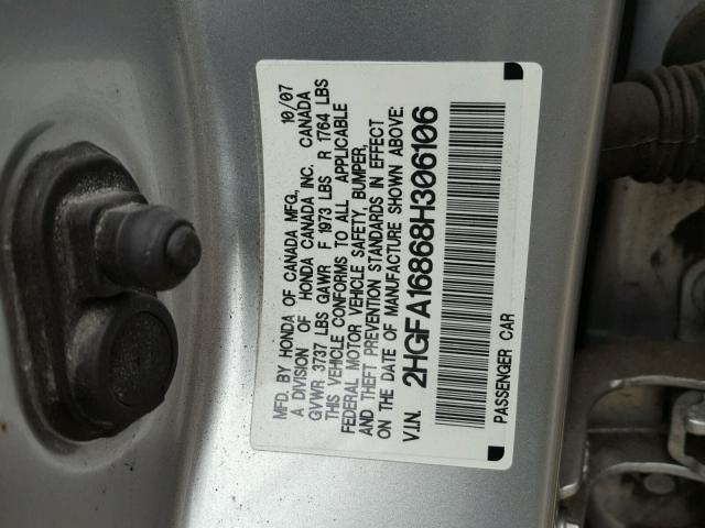 2HGFA16868H306106 - 2008 HONDA CIVIC EX ვერცხლისფერი ფოტო 10