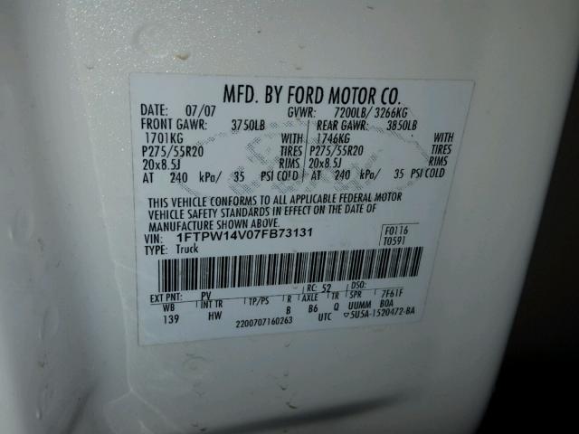 1FTPW14V07FB73131 - 2007 FORD F150 SUPER WHITE photo 10