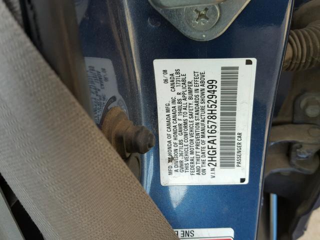 2HGFA16578H529499 - 2008 HONDA CIVIC LX BLUE photo 10