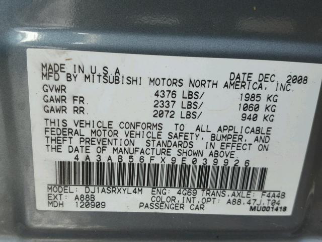 4A3AB56FX9E039926 - 2009 MITSUBISHI GALANT ES TEAL photo 10