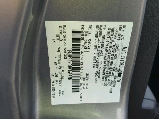 1FAHP35N08W169728 - 2008 FORD FOCUS SE SILVER photo 10