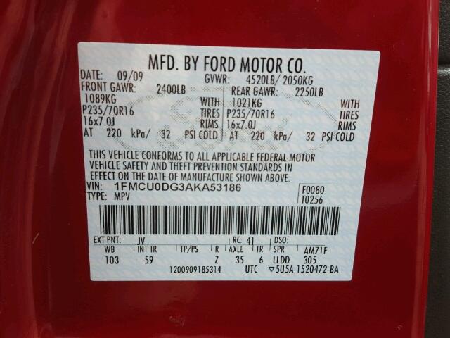 1FMCU0DG3AKA53186 - 2010 FORD ESCAPE XLT MAROON photo 10