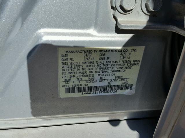 1N4AL21E97N464716 - 2007 NISSAN ALTIMA 2.5 SILVER photo 10