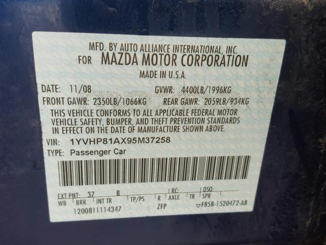 1YVHP81AX95M37258 - 2009 MAZDA 6 I BLUE photo 10