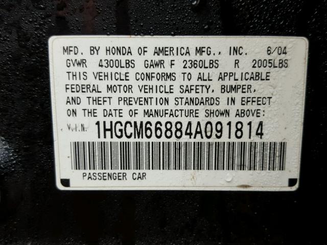 1HGCM66884A091814 - 2004 HONDA ACCORD EX BLACK photo 10