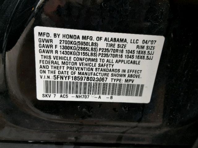 5FNYF18597B023067 - 2007 HONDA PILOT EXL BLACK photo 10