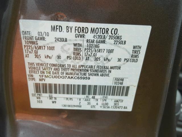 1FMCU0DG7AKC65959 - 2010 FORD ESCAPE XLT GRAY photo 10