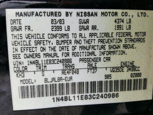 1N4BL11E83C240986 - 2003 NISSAN ALTIMA SE BLACK photo 10