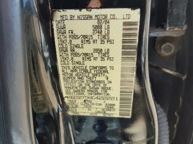 1N6ED27TX4C422221 - 2004 NISSAN FRONTIER C BLACK photo 10