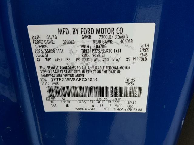 1FTFX1EV8AFC21814 - 2010 FORD F150 SUPER BLUE photo 10