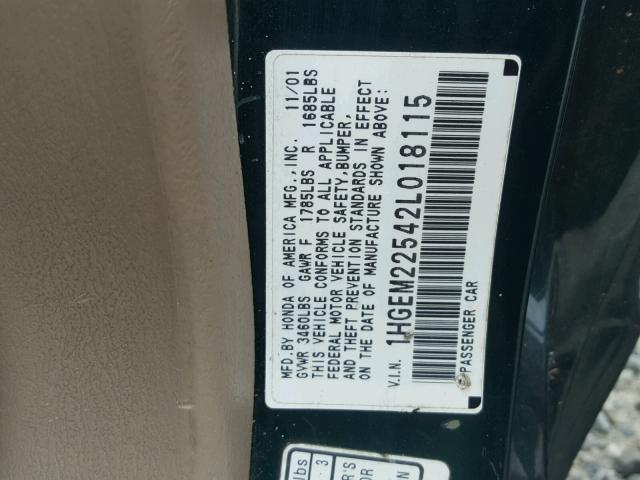 1HGEM22542L018115 - 2002 HONDA CIVIC LX BLACK photo 10