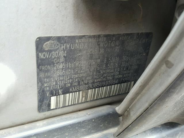 KM8SC13D85U931054 - 2005 HYUNDAI SANTA FE G SILVER photo 10