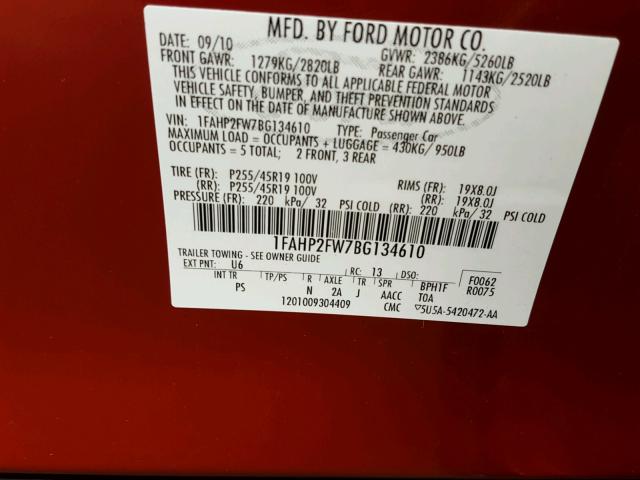 1FAHP2FW7BG134610 - 2011 FORD TAURUS LIM RED photo 10