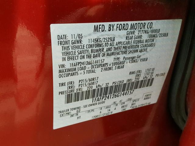 1FAFP24126G144157 - 2006 FORD FIVE HUNDR RED photo 10