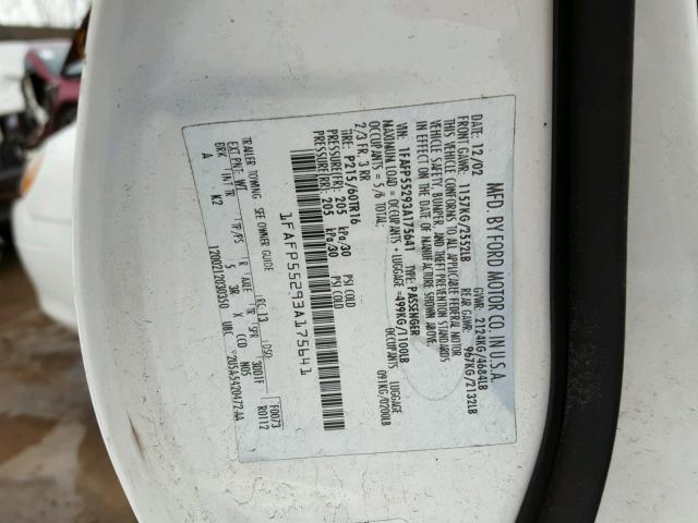 1FAFP55293A175641 - 2003 FORD TAURUS SES WHITE photo 10