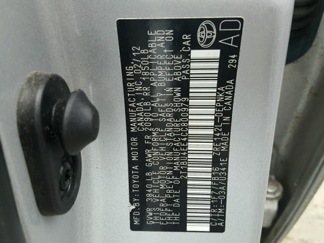 2T1BU4EE4CC800979 - 2012 TOYOTA COROLLA BA SILVER photo 10