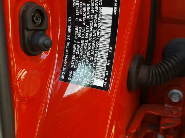 SHHFK7H49HU411400 - 2017 HONDA CIVIC SPOR RED photo 10