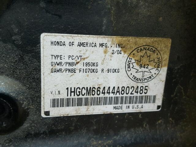 1HGCM66444A802485 - 2004 HONDA ACCORD EX GREEN photo 10